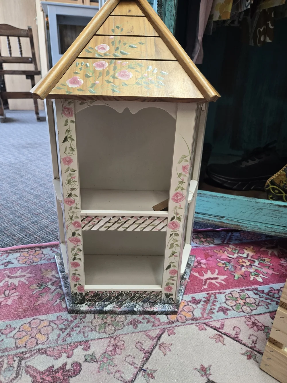 Hand-Painted Wooden Display Cabinet with Floral Roof
